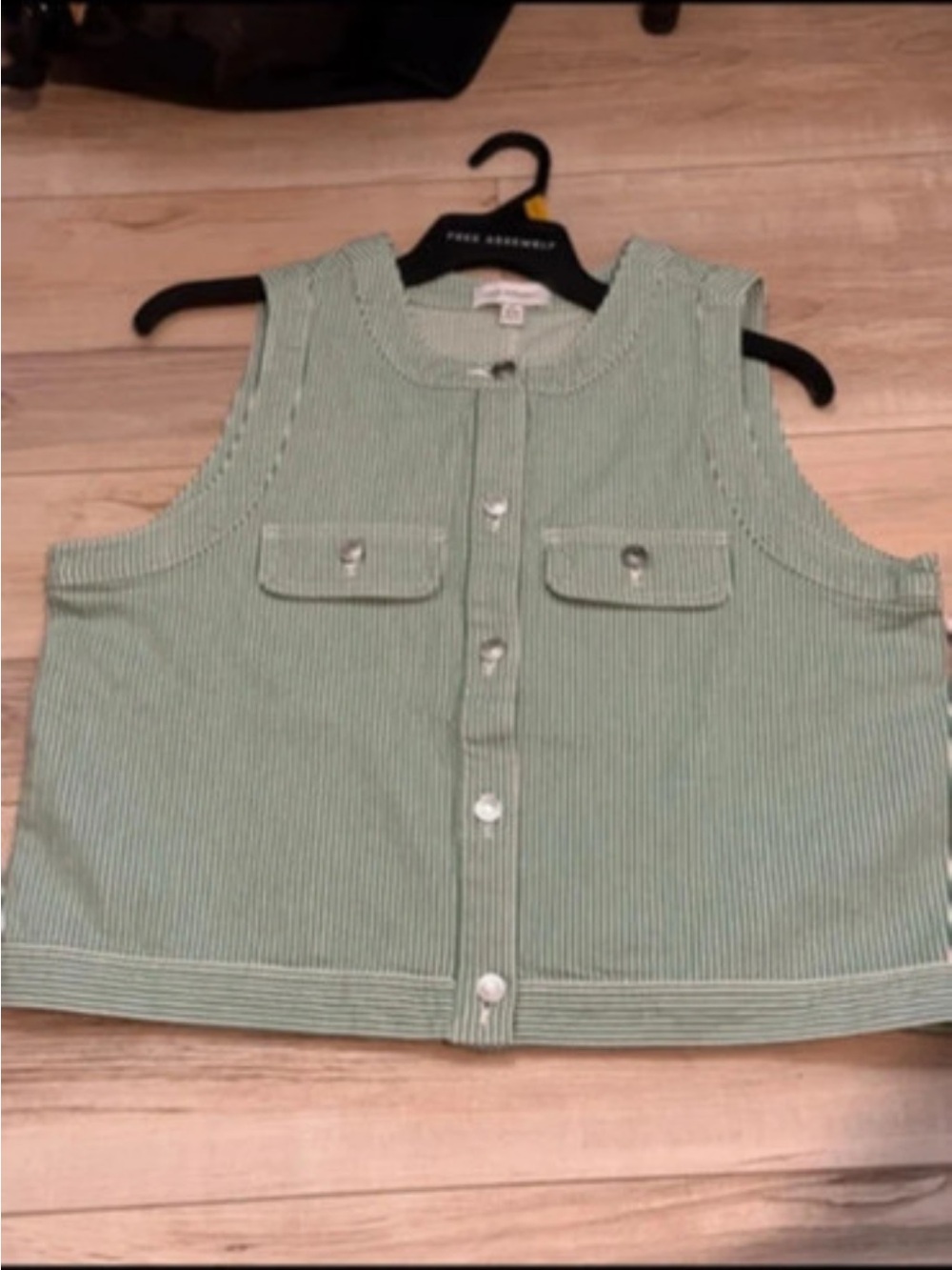 NWT button front Sleeveless denim vest green white stripe free assembly medium